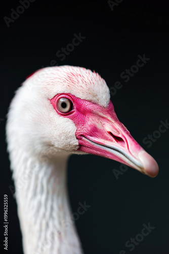 Close-up: a portrait of a duck against a black background