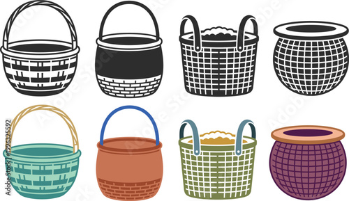 Basket and container icon set in flat vector style featuring woven buckets, storage pots, and household containers for decoration and utility design projects