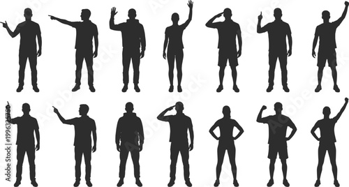 Collection of male silhouette figures in different poses including pointing, waving, standing and gesturing, isolated human characters in black vector illustration set