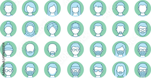 Large collection of twenty-eight minimalist blue and teal user profile icons featuring diverse human avatars with various hairstyles headwear and eyewear isolated on white.