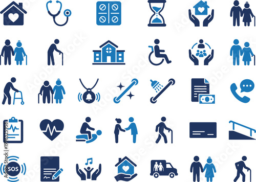 Large collection of thirty-six minimalist blue and navy eldercare icons featuring senior health monitoring home safety modifications and mobility assistance isolated on white.