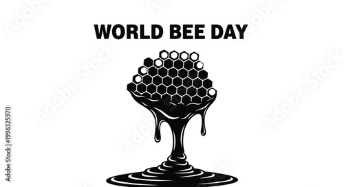 World bee day graphic illustration featuring a black and white honeycomb with flowing honey design.