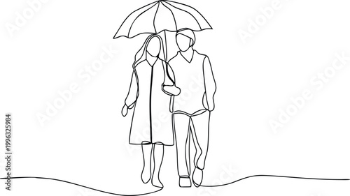 Continuous line drawing of couple walking together under umbrella during rainy weather.