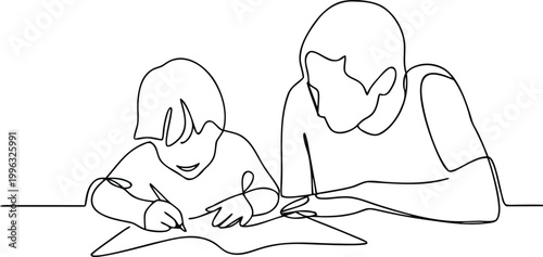 Continuous line drawing of father helping child with homework, minimal style, education.