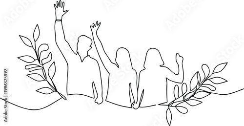 Continuous line drawing of group of people with raised hands and olive branches peace.