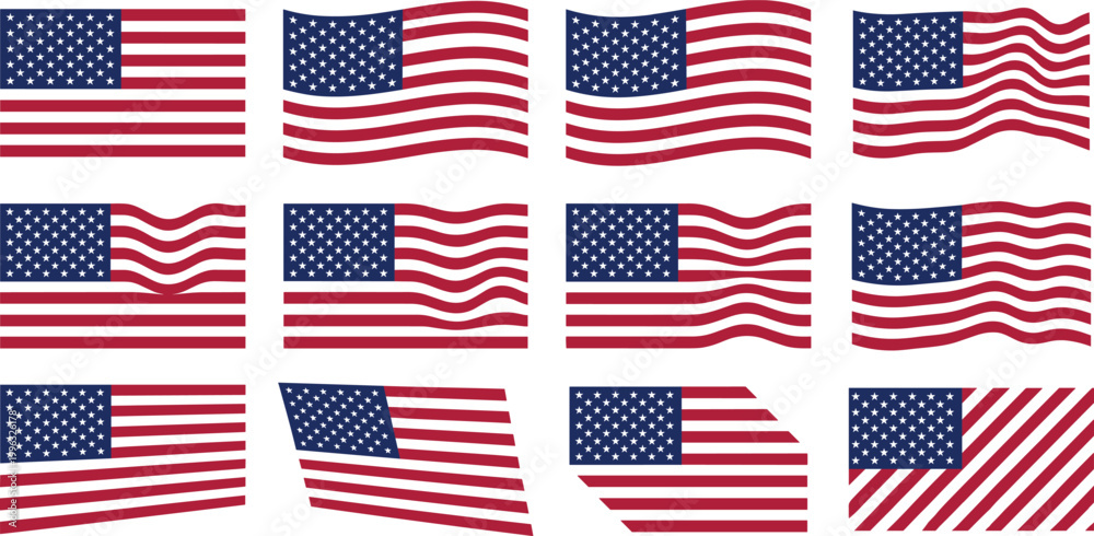 Fototapeta premium United States flag icon set featuring waving American flags in flat vector style for patriotic design, national celebration, and branding projects