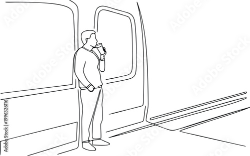 Commuter drinking coffee on train platform in one line drawing minimalist vector art style.
