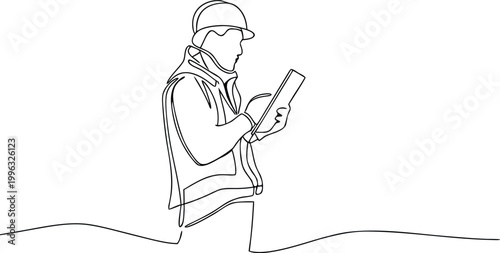 Construction worker in hard hat holding blueprints or technical documents on a site map.