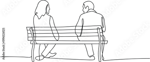 Continuous line art illustration of couple sitting together on park bench during daytime.