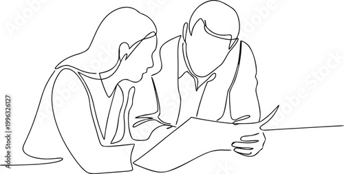 Continuous line art drawing of two business professionals looking at documents together now.
