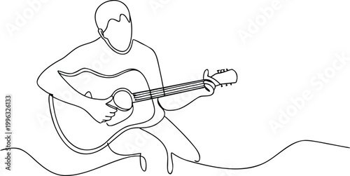 Continuous line art illustration of man playing acoustic guitar with musical instrument.