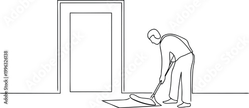 Continuous line art illustration of male janitor mopping floor in front of office doorway.