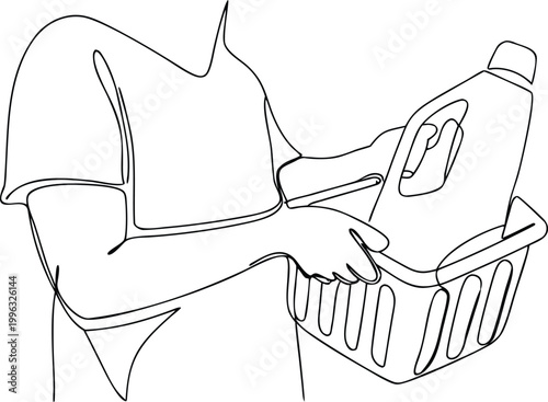 Continuous line art illustration of person putting detergent bottle into shopping basket.
