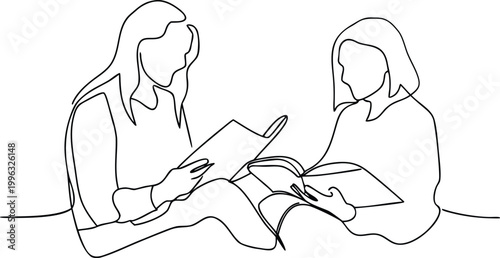 Continuous line art illustration of two women reading books while sitting on floor area.