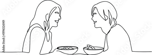 Continuous line art illustration of two people having a friendly meal conversation dinner.