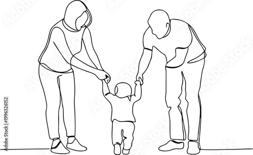 Continuous line art of parents helping their small child to walk in a minimalist home setting.