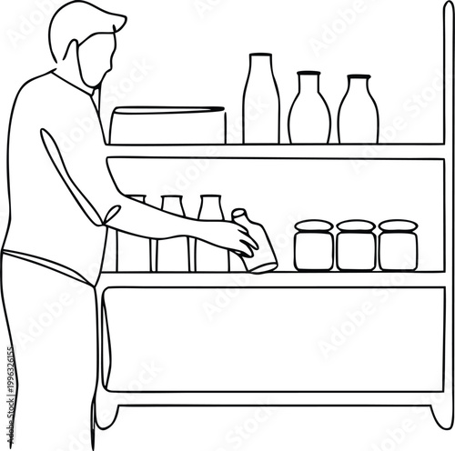 Continuous line art of person organizing pantry shelves with glass jars and milk bottles.