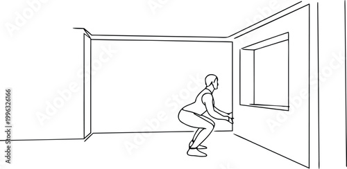 Continuous line art of person performing squat exercise in front of modern wall window art.