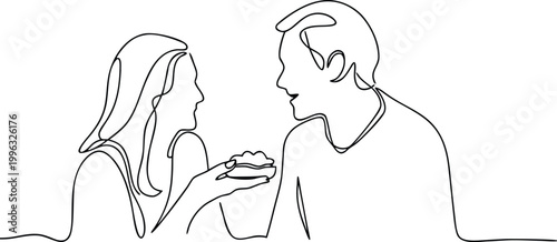 Continuous line drawing of a couple sharing food during a dinner date in a restaurant set.