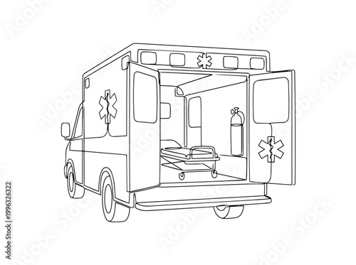 Ambulance with open doors and stretcher. Continuous line art illustration of emergency vehicle interior. Minimalist vector