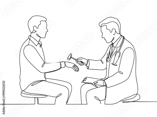 Neurologist testing patient hand with reflex hammer. Continuous one line drawing vector illustration