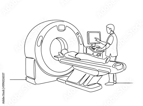 CT scanner technician operating machine with patient. Continuous line drawing illustration. Medical radiology diagnostic concept isolated on white background