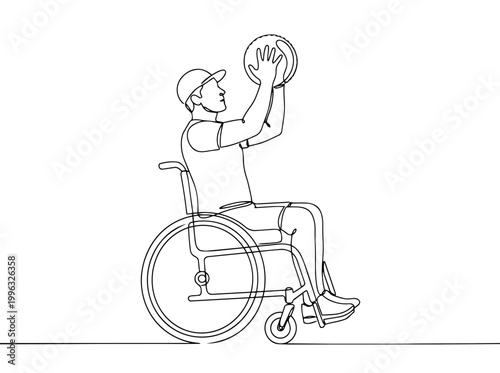 Disabled man in wheelchair playing basketball. Continuous line art vector illustration. Adaptive sports and disability concept