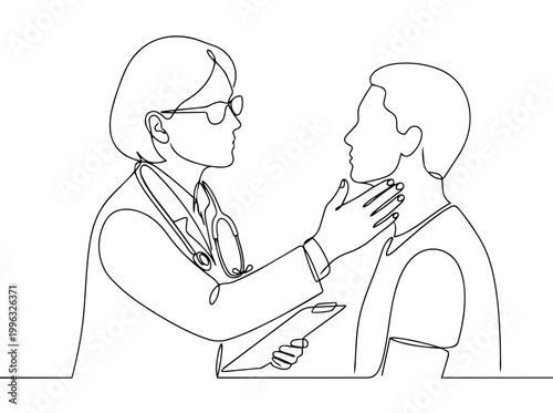 Doctor examining patient neck and lymph nodes. Continuous line art vector illustration. Healthcare and medical checkup concept
