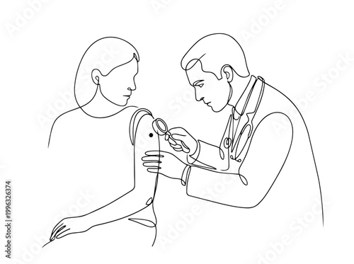 Dermatologist doctor examining mole on patient with magnifying glass. Continuous one line drawing vector illustration