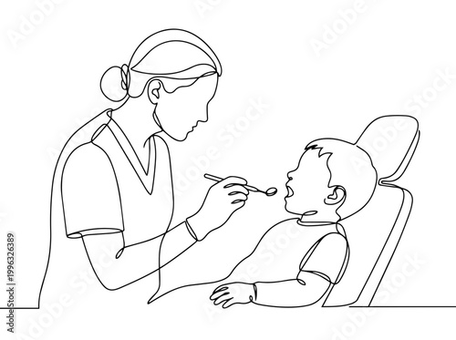 Dental hygienist examining child patient. Continuous line drawing illustration. Pediatric dentistry concept isolated on white background