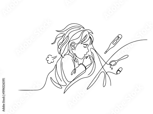 Sick girl coughing in bed continuous one line drawing. Child illness and medication concept. Minimalist vector illustration