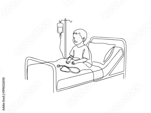 Child in hospital bed. Continuous line art illustration of pediatric patient. Vector graphic isolated on white background