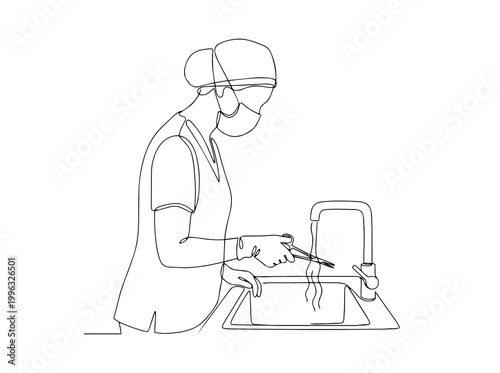 Continuous one line drawing of a nurse washing medical instruments in a sink. Healthcare hygiene and sterilization concept. Minimalist vector illustration