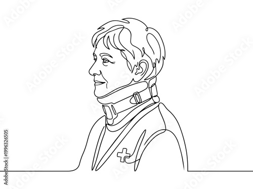 Elderly woman wearing a cervical collar neck brace. Continuous line art vector illustration. Senior orthopedic injury and rehabilitation concept