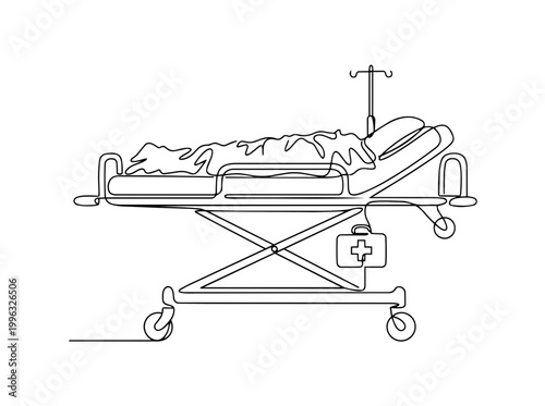 Patient on hospital stretcher with IV drip continuous line drawing. Medical emergency vector illustration