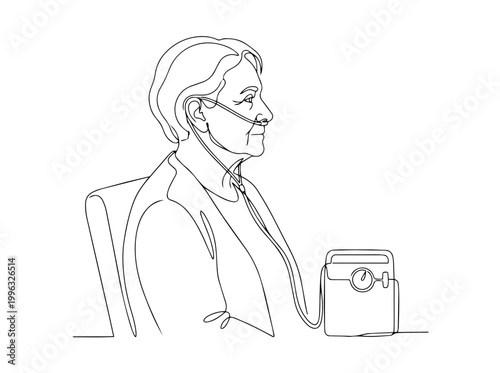 Elderly woman using oxygen therapy with nasal cannula and machine. Continuous line art vector illustration. Senior respiratory healthcare concept