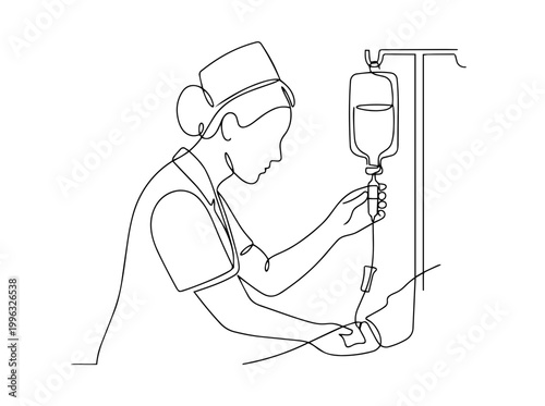 Continuous one line drawing of a nurse checking an IV drip for a patient. Medical treatment and hospital care concept. Minimalist vector illustration