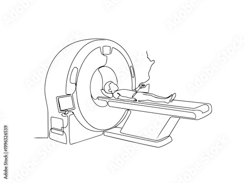 Patient in CT scanner machine. Continuous line drawing illustration. Medical magnetic resonance imaging concept isolated on white background