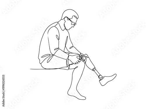 Amputee adjusting knee prosthesis. Continuous line art illustration of a person with a prosthetic leg. Minimalist medical vector