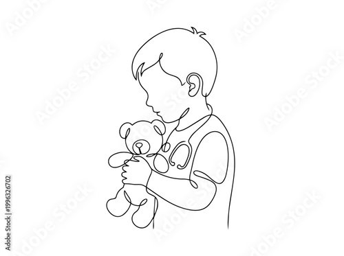 Child holding teddy bear. Pediatric care concept. Continuous line art vector illustration
