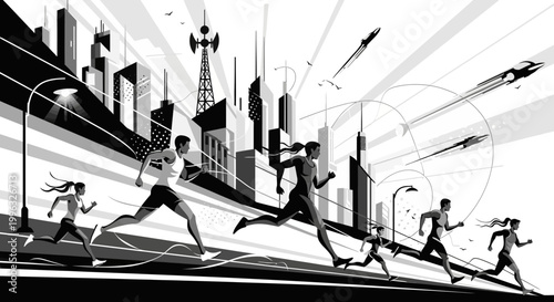 People running in the city streets.