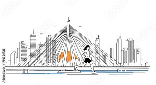 Woman jogging across a city bridge.
