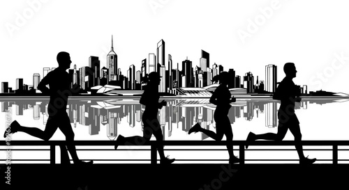 Silhouettes of people jogging along waterfront with city skyline.