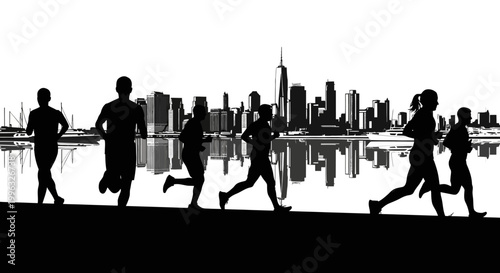 silhouette of people running along waterfront.