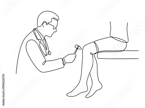Doctor checking patient knee reflex with hammer. Continuous line art vector illustration. Neurology and medical examination concept