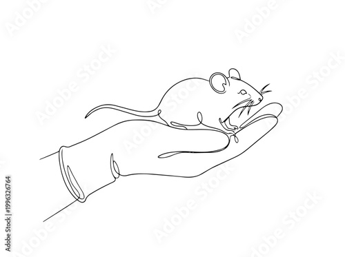 Lab mouse sitting on gloved hand. Continuous one line drawing animal testing concept. Minimalist vector illustration
