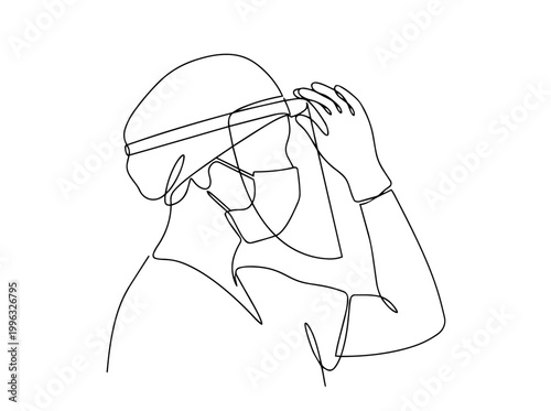 Medical worker adjusting face shield and mask. Continuous line art vector illustration. Healthcare safety and protection concept