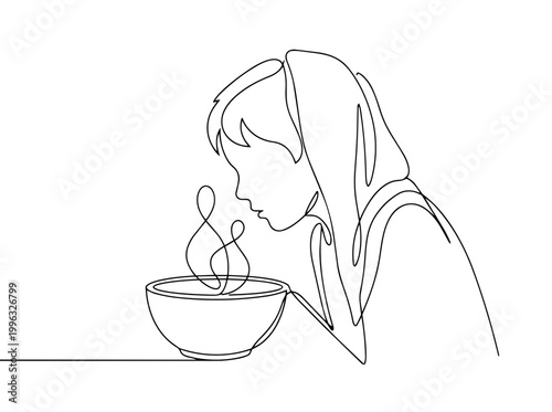 Boy inhaling steam for health. Continuous line art illustration. Respiratory treatment concept