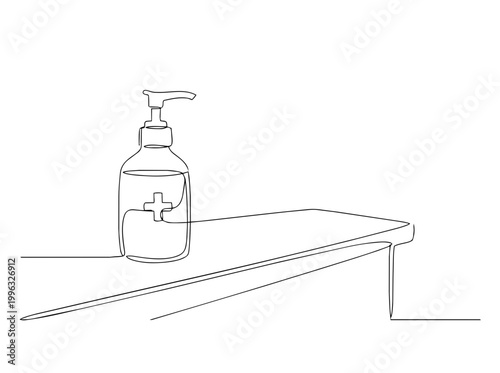 Hand sanitizer bottle on table. Continuous one line drawing. Hygiene and healthcare vector illustration