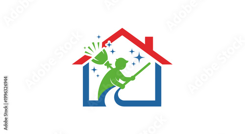 Cleaning service logo with house and worker.